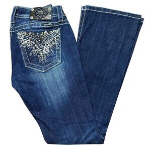 MISS ME Signature Boot Cut Jeans Size 27 X 32 Gold Sequins Rhinestones Dark Wash